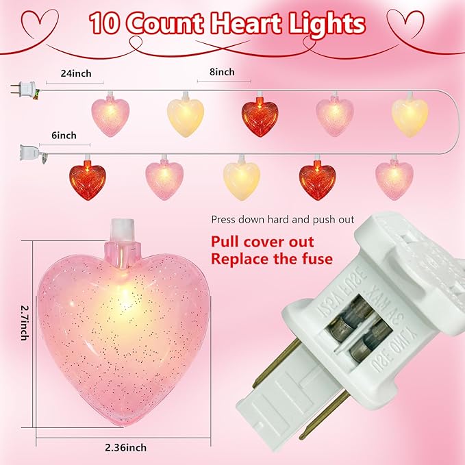 Heart String Lights Plug in, 8.5FT Valentine Lights Indoor Outdoor, Heart Shaped Glitter String Light with 10 LEDs, UL Listed, IP44 Waterproof for Valentine’s Day Decor