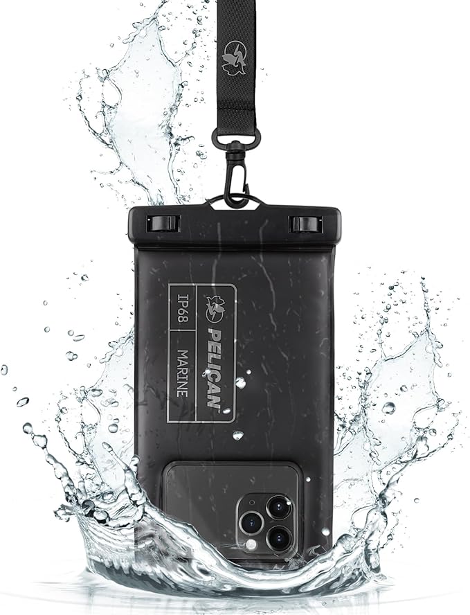 Pelican Marine - IP68 Waterproof Phone Pouch (Regular Size) Floating Waterproof Phone Case - Beach Cruise Ship Travel Essentials - Works with All Phones - Detachable Lanyard - Black