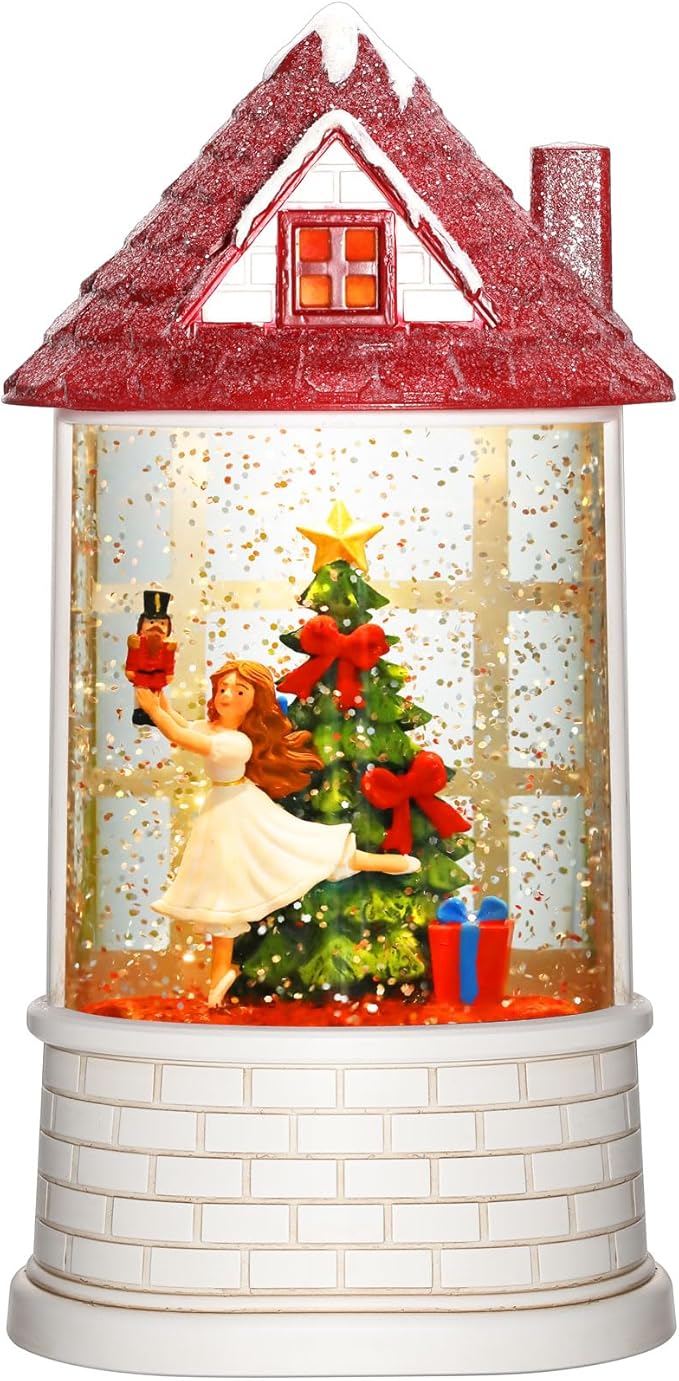Christmas Snow Globe Ballerina Nutcracker Snow Globe Lantern with Music Glittering Lighted Christmas Tree and Clara Birthday Gift Table Indoor Decoration for Girls,USB and Battery Operated, 8.2"