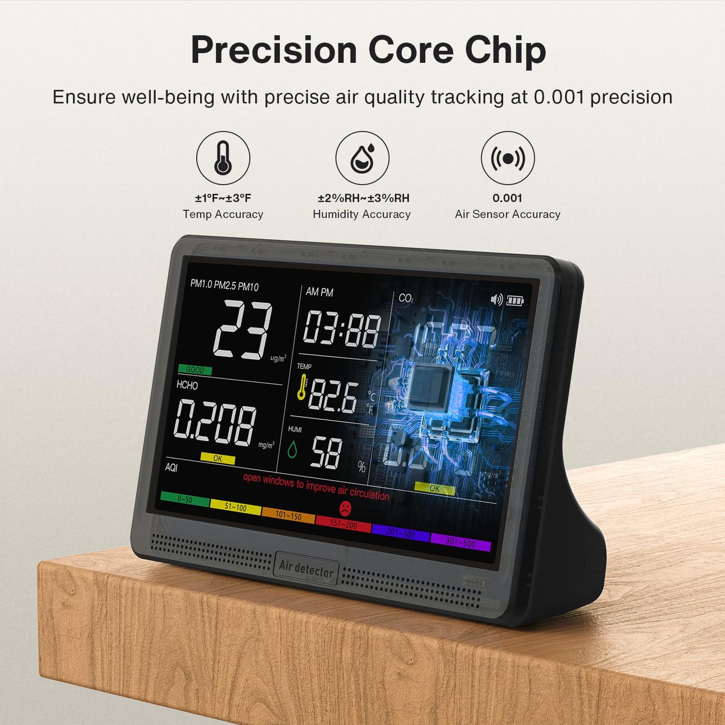 16 in 1 Air Quality Monitor Indoor 7" Display 9 AQI+7 AQI Alerts, CO2 Monitor Air Quality Tester for CO2, TVOC, PM2.5 PM1.0 PM10, HCHO Temperature Humidity AQI & Time Air Quality Meter for Home