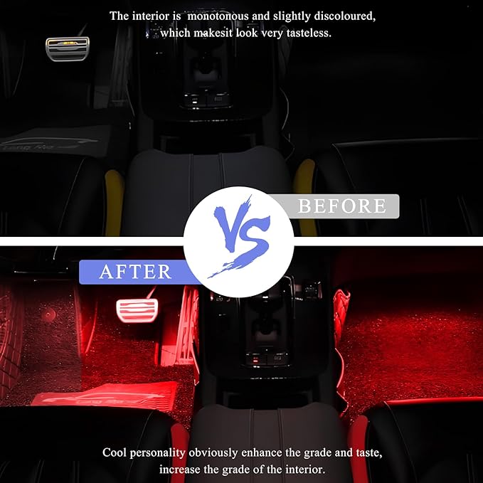 Car LED Strip Light, 12V 24 LEDs Auto Interior Atmosphere Lamp with USB Port, Vehicle Under Dash Ambient Neon Night Light Decorative Strip, Universal Car Accessories (Red)