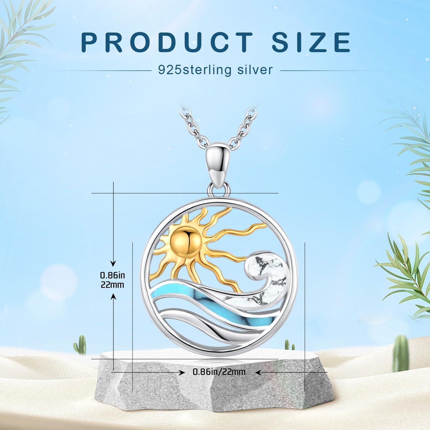 Midir&Etain Ocean Wave Necklace 925 Sterling Silver Sun Pendant Necklace Turquoise Sea Summer Pendant Beachy Wave Jewelry for Women Men