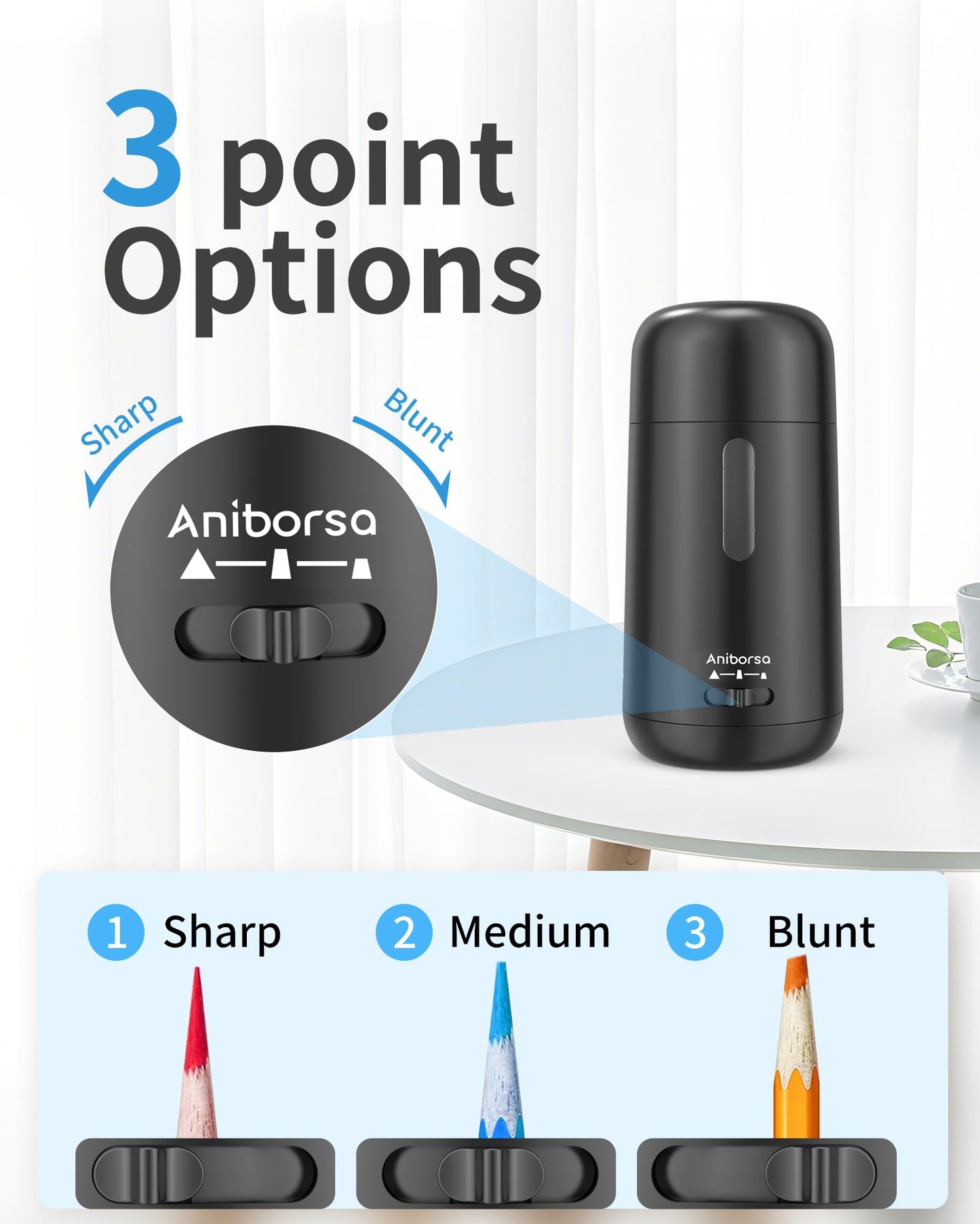 Aniborsa Automatic Electric Pencil Sharpener - Auto Feed, Auto Stop & Auto Eject, Rechargeable for Classroom, Home, School, Office, Black