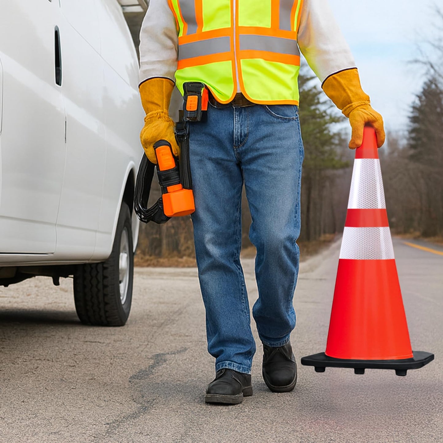 EconoHome 28-Inch Tall, 8-Pack Reflective Traffic Cones - 5.3 lbs Weighted Orange Safety Cones for Parking Lot, Traffic Control, Construction, Road Safety - Heavy Duty Square Base, Flexible PVC