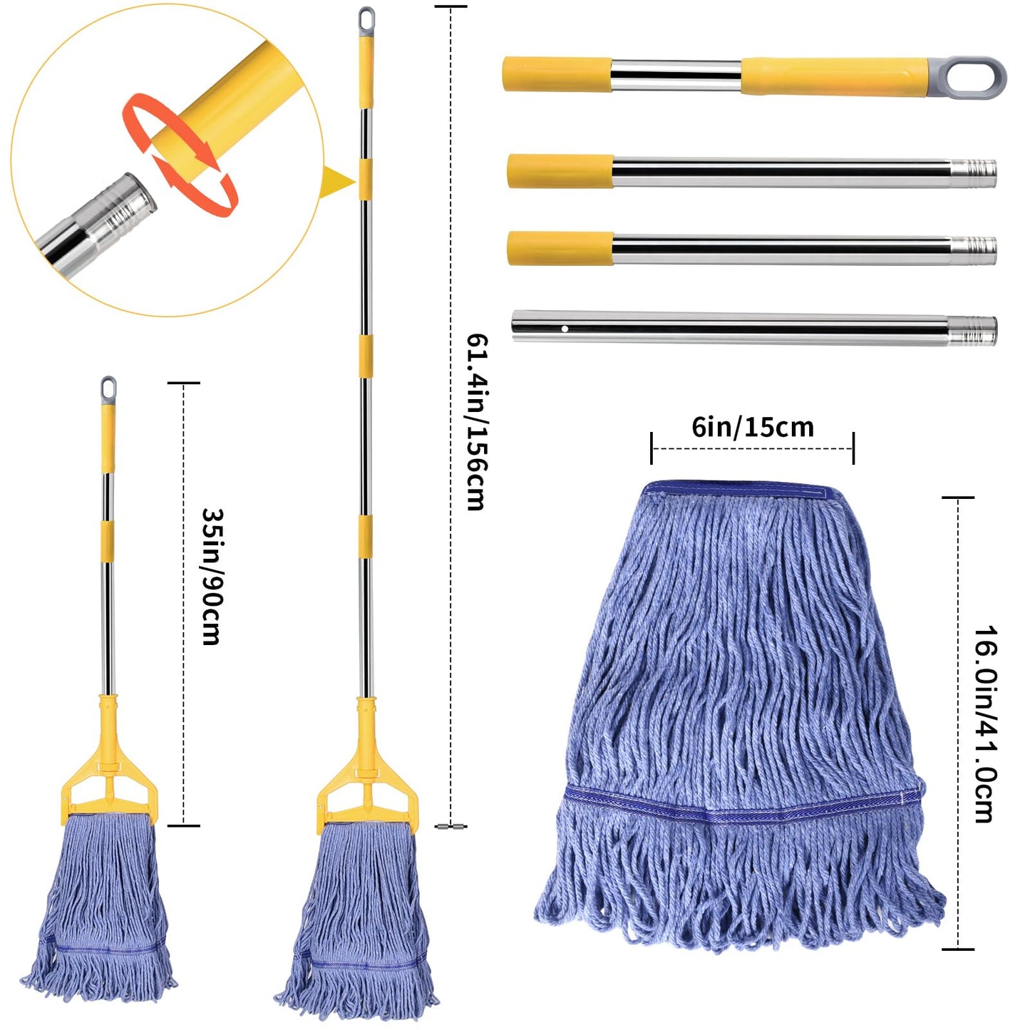 HiBaby Commercial Mop with Extra Head Replacement, 63Inch Handle Heavy Duty Industrial Mop Looped-End String Wet Mops for Floor Cleaning for Warehouse, Workshop, Garage, Office, Home (2 Mops Head)