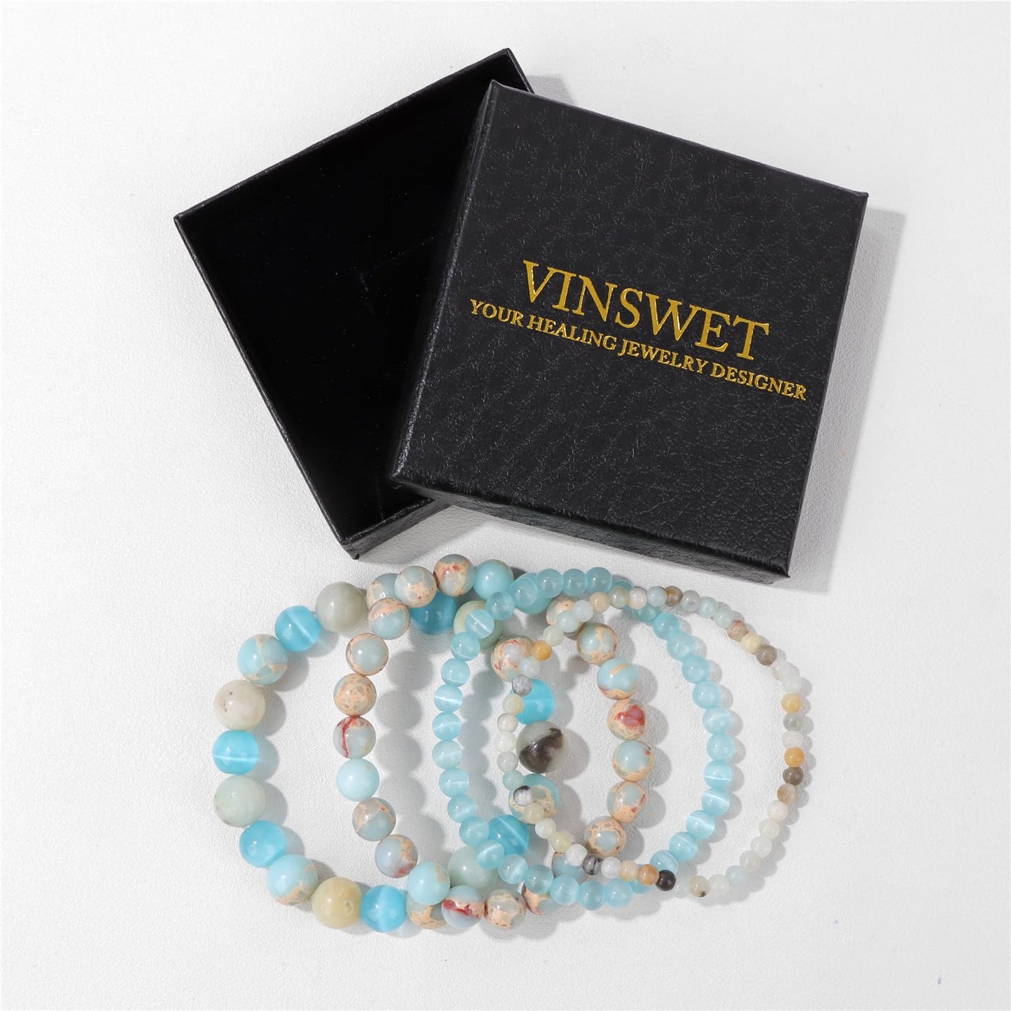 Vinswet 4pcs Natural Stone Beaded Bracelets for Women Men,Healing Crystal Gemstones Stretch Bracelet,4mm 6mm 8mm 10mm Amazonite Blue cat eyes Blue Jasper Anxiety Stress Relief Bracelet Jewelry Gifts