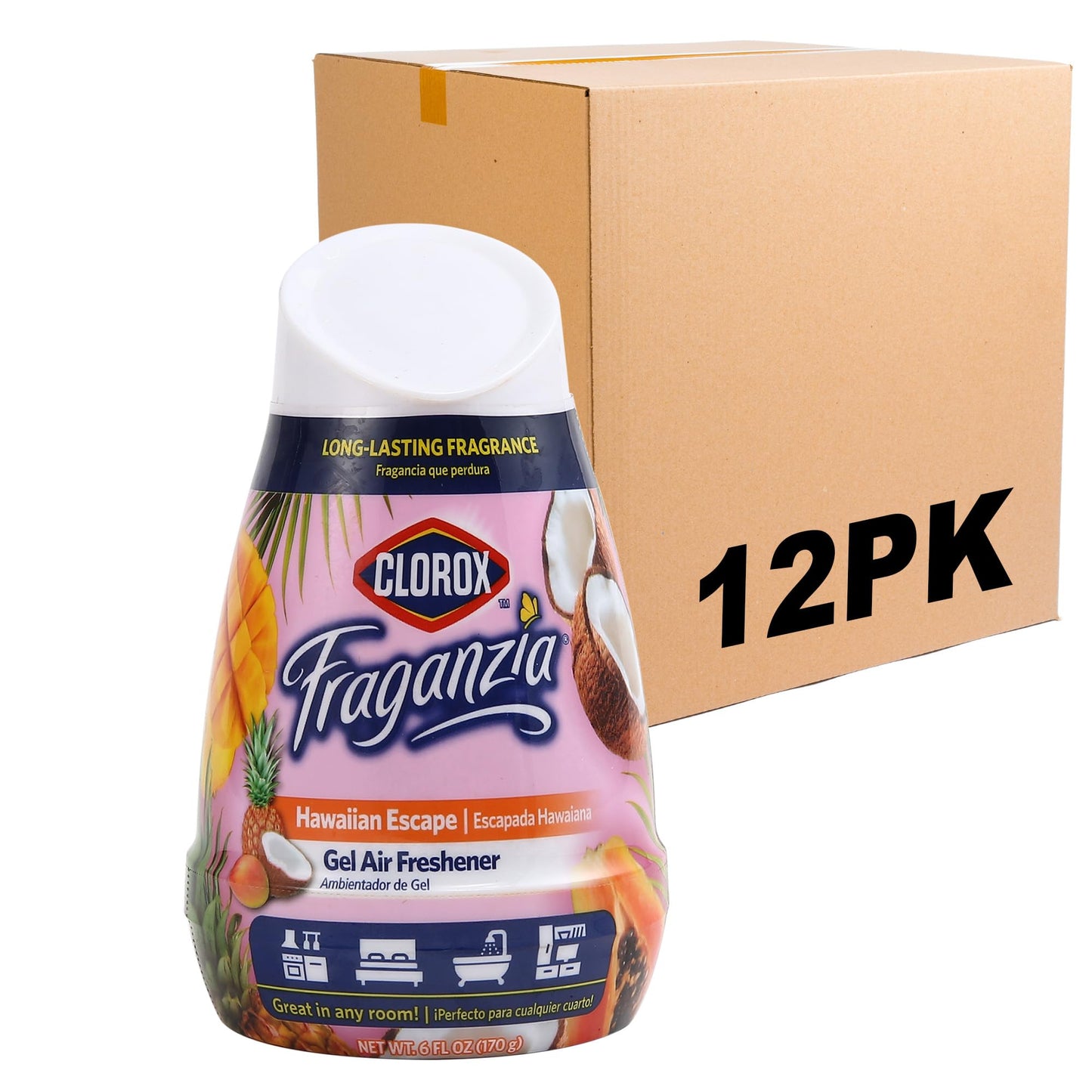 Clorox Fraganzia Gel Air Freshener Cone, Hawaiian Escape Scent - No-Plug, Battery-Free Air Freshener for Small Rooms, Closets, Kitchens, Bathrooms, Offices and More, 6 Ounce - 12 Pack