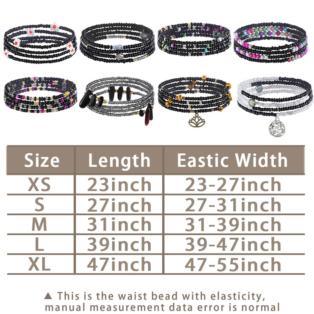 ELABEST 24-39inch African Waist Beads for Women 8Pcs Elastic Belly Beads Colorful Beaded Waist Jewelry Accessories Body Chain (Black, 47.2inch/120cm)