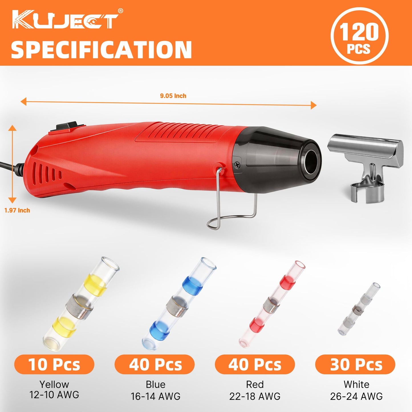 Kuject Mini Heat Gun, 120PCS Solder Seal Wire Connectors Kit, 350W Dual-Temp Heat Gun for Shrink Tubing, Waterproof Heat Shrink Wire Repair Kit with Solder Stick for Marine Automotive Truck, AWG 26-10