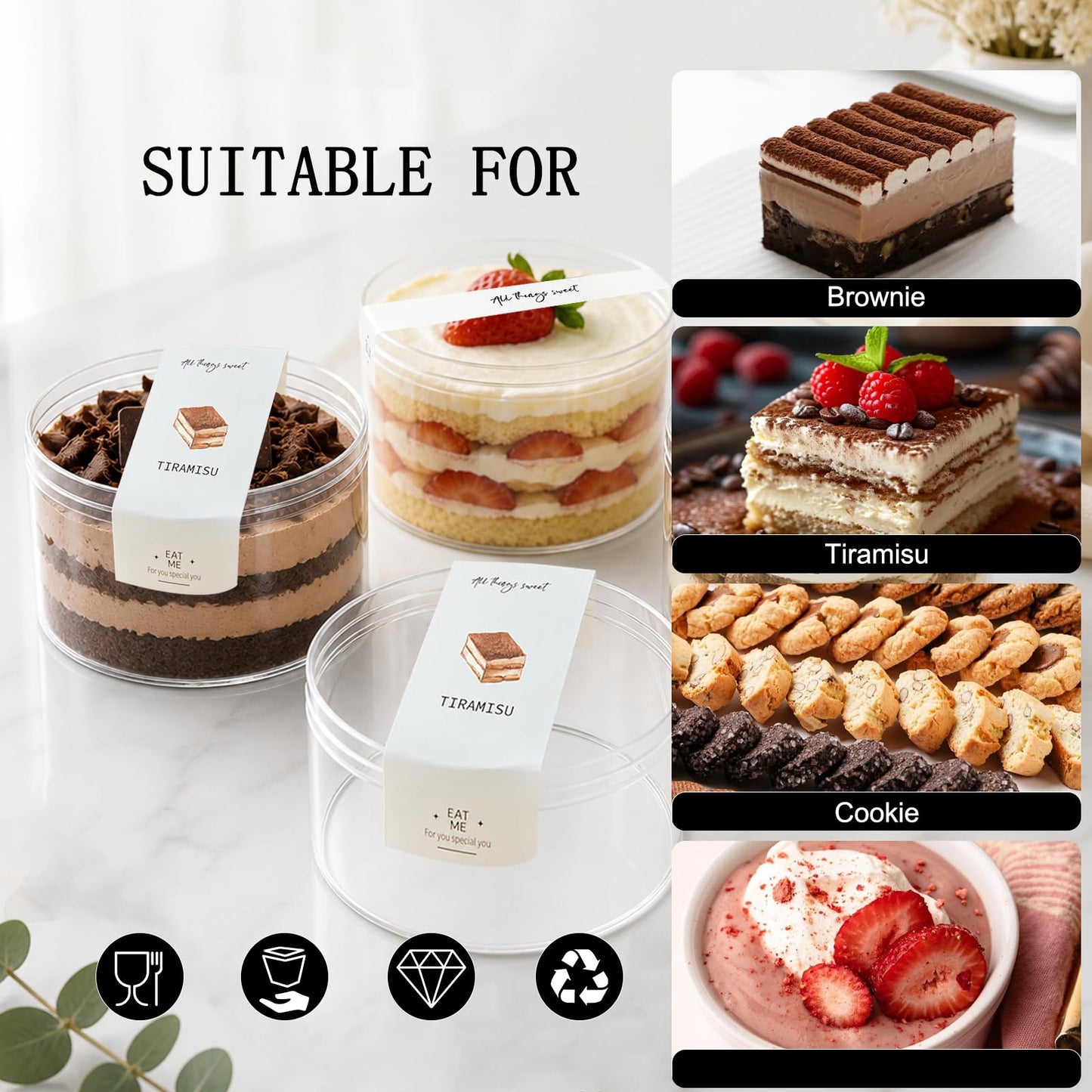 Plastic Dessert Cups with Lids and Sporks,Stickers,Tiramisu Containers,Cookie Containers,Clear Food Containers for Fruit,Pudding,Mousse, Tiramisu Cups With Lids (30pcs,Clear,3.66 * 3.66 * 2.36 in)