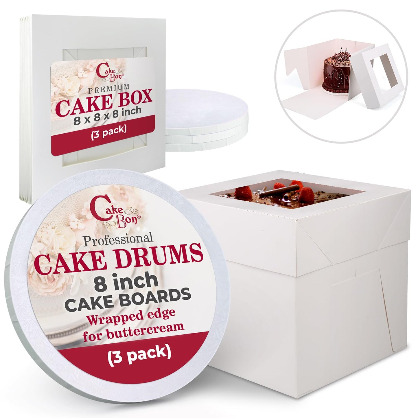 Cakebon Cake Boxes with Drums - 8 Inch Round White Cake Boards/Base para Pasteles (3-Pack) - Caja para Pasteles with Window for Birthdays, Weddings and Parties