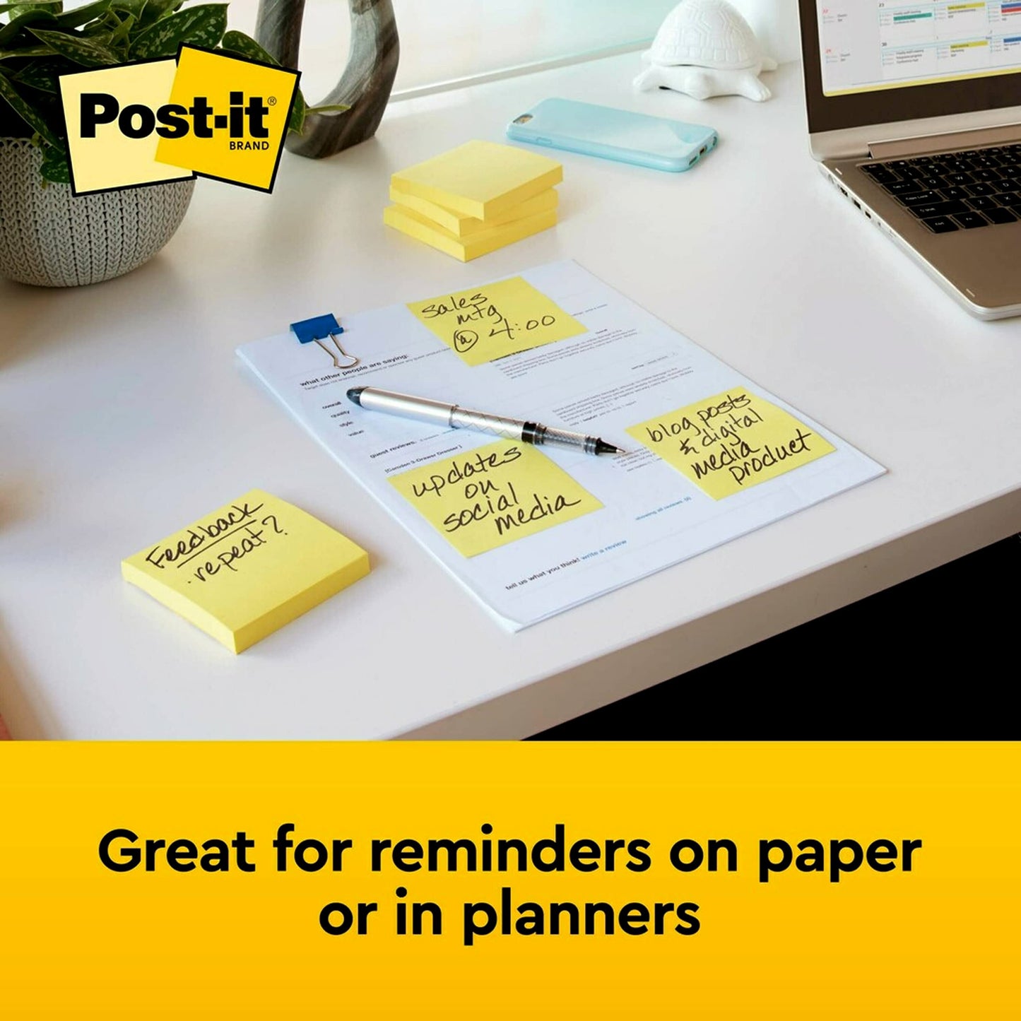 Post-it Notes 3x3 in, 12 Pads, America's #1 Favorite Sticky Notes, Canary Yellow, Clean Removal, Recyclable (654)