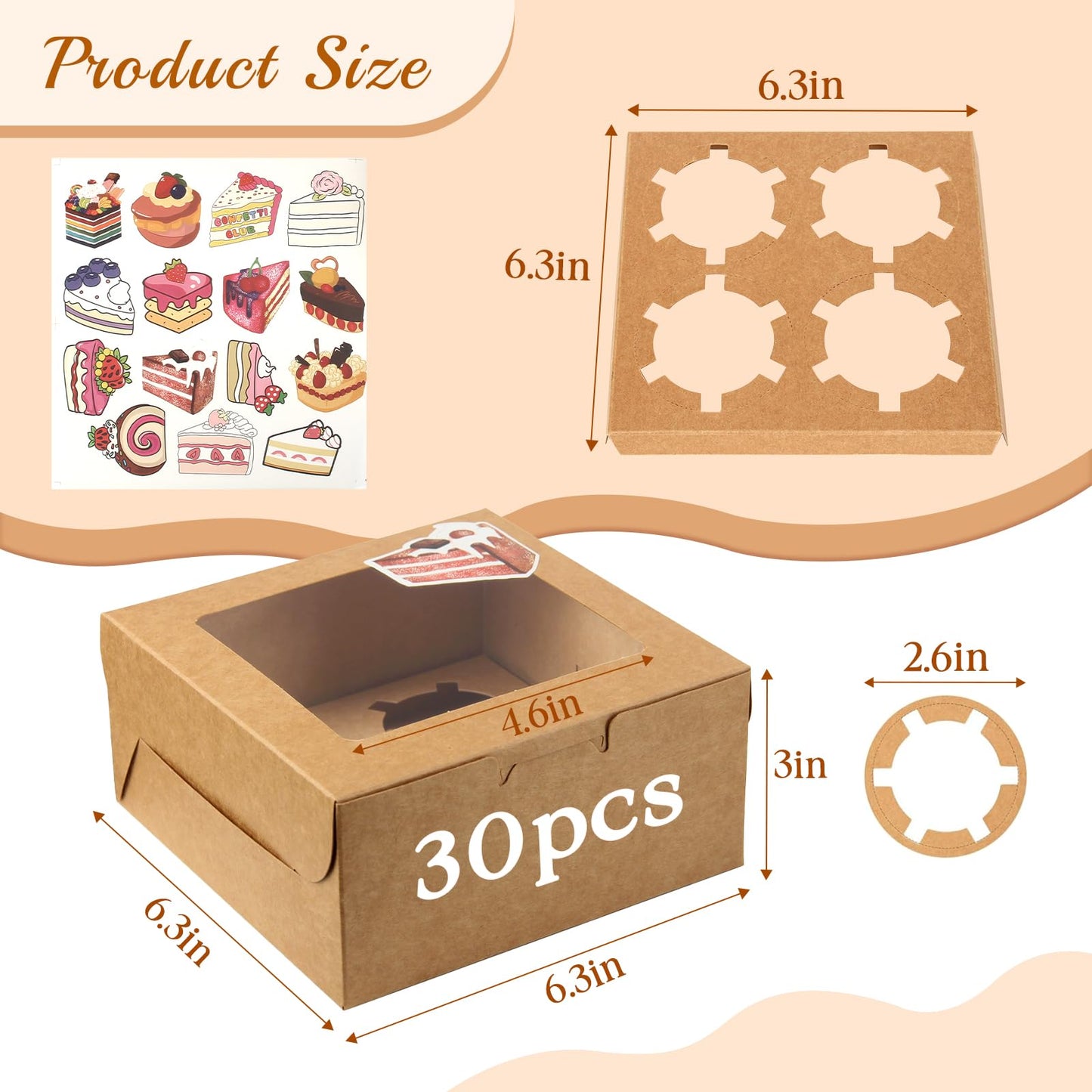 OAMCEG 30 Pack Cupcake Boxes with Window, 6x6x3 Inches Cookie Boxes, Bakery Treat Boxes for Pastry, Desserts, Chocolate Strawberries, Cupcake Containers, Gift Giving with Stickers & Twine （Brown）