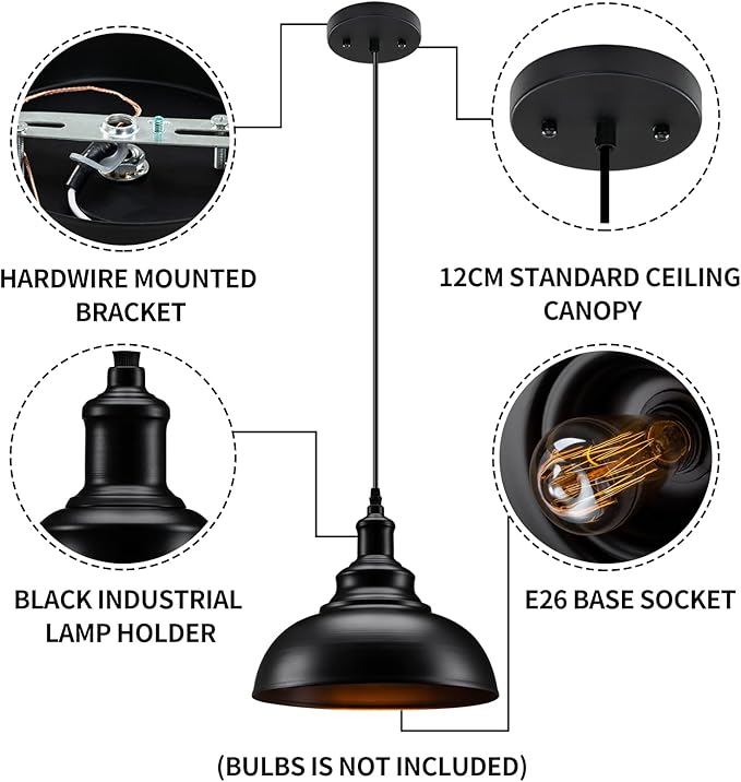 Asnxcju Matte Black Pendant Light, Industrial Farmhouse Pendant Light Vintage Hanging Ceiling Lamp Fixtures for Kitchen Island, Barn, Dining Room 2 Pack