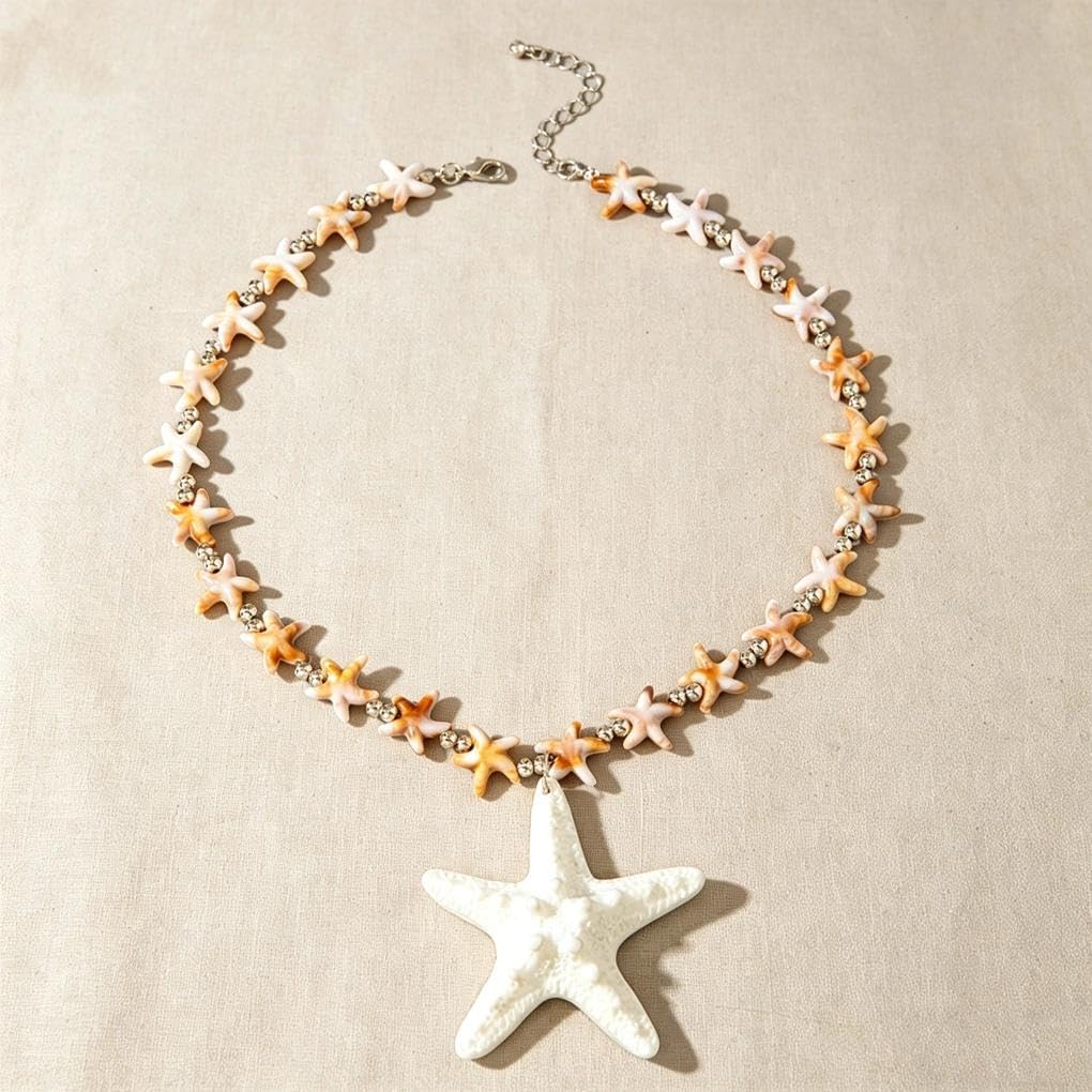 Boho Chunky Gold Starfish Necklace for Women,Trendy Large Baroque Faux Pearl Beaded Statement Pendant Necklace Jewerlry Accessories Gifts for Beach Holiday (White)