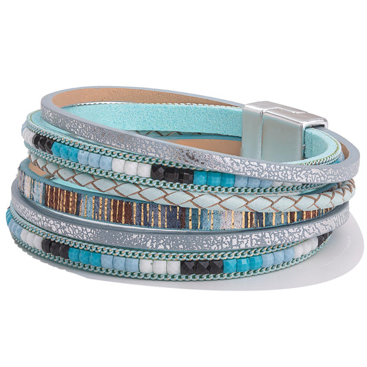 FANCY SHINY Boho Leather Wrap Bracelets Trendy Layered Bracelets with Magnetic Clasp Strackable Bohemian Cuff Jewelry Gifts for Women(Teal)