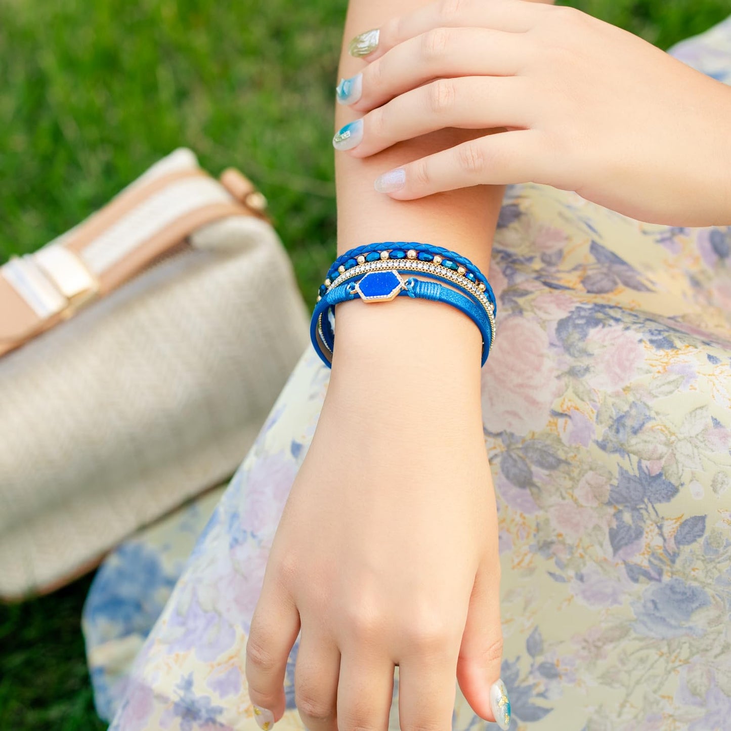 FANCY SHINY Crystal Beaded Leather Wrap Bracelet Stackable Boho Jewelry for Women Trendy Braided Resin Stone Bangle Cuff with Magnetic Clasp(Blue)