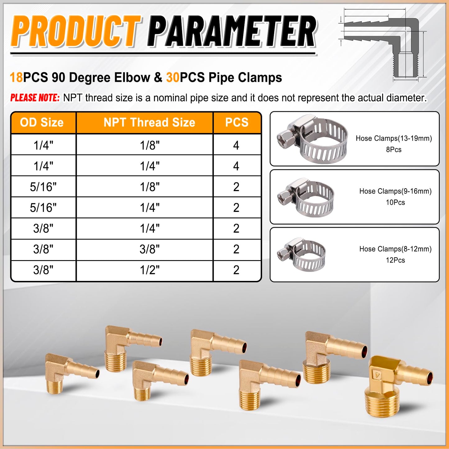 KOOTANS 18PCS Brass Hose Barb Fittings 90 Degree Elbow Barb to NPT Male Thread Adapter Kit 1/4" 5/16" 3/8" Barbed Air Hose Fittings with 30pcs Pipe Clamps for Water Fuel Air Line Connector Fitting