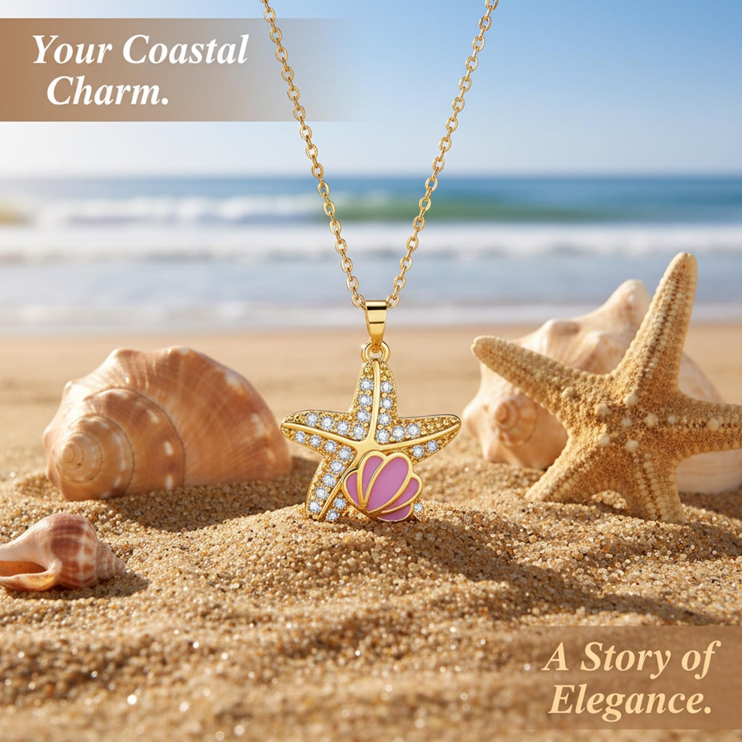 crataly CZ Starfish Necklace For Women-Gold Plated Purple Enamel Shell Ocean Necklace For Valentines Day Mother's Day Christmas Birthday Gifts