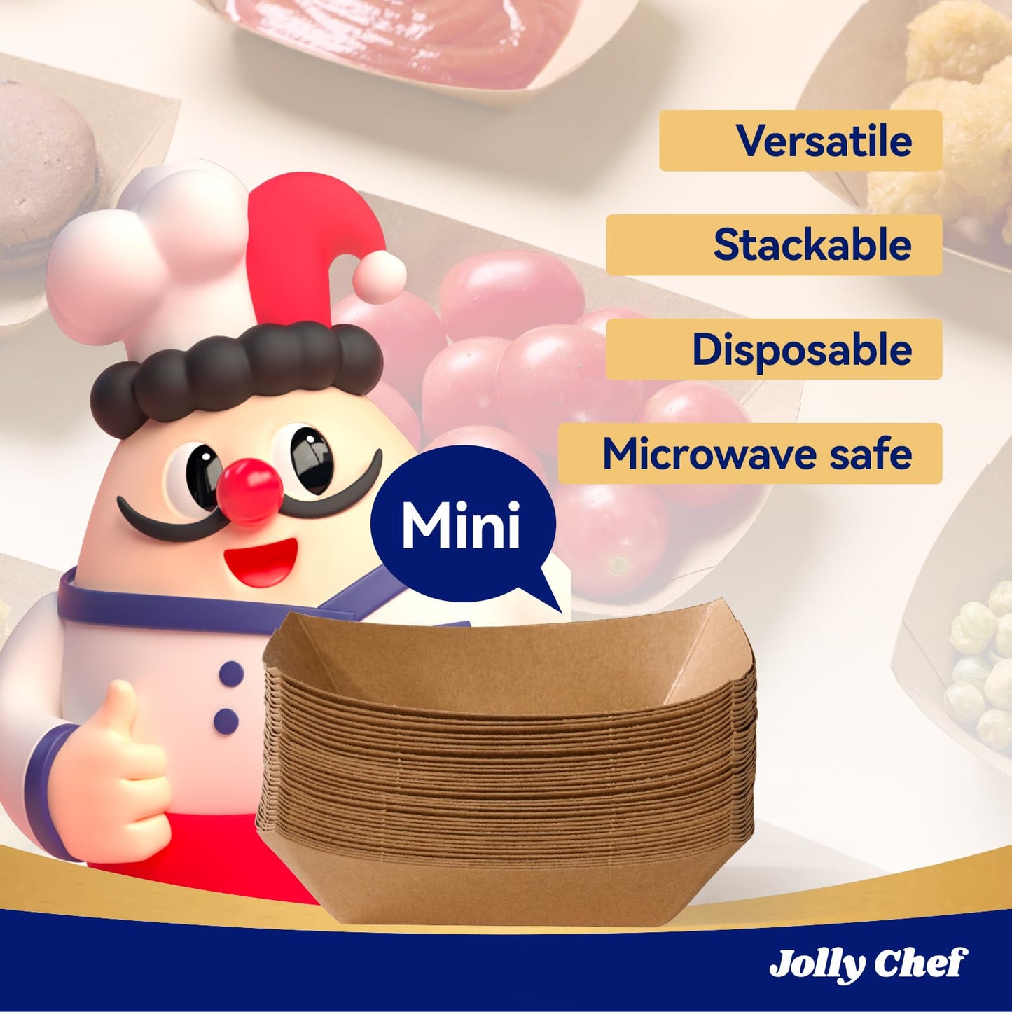 JOLLY CHEF 250 Pack 1/4 Lb Paper Food Trays, Mini Disposable Boat for Gameday, Paper Food Serving Tray for Snack Dessert Taco Nacho (Tiny)