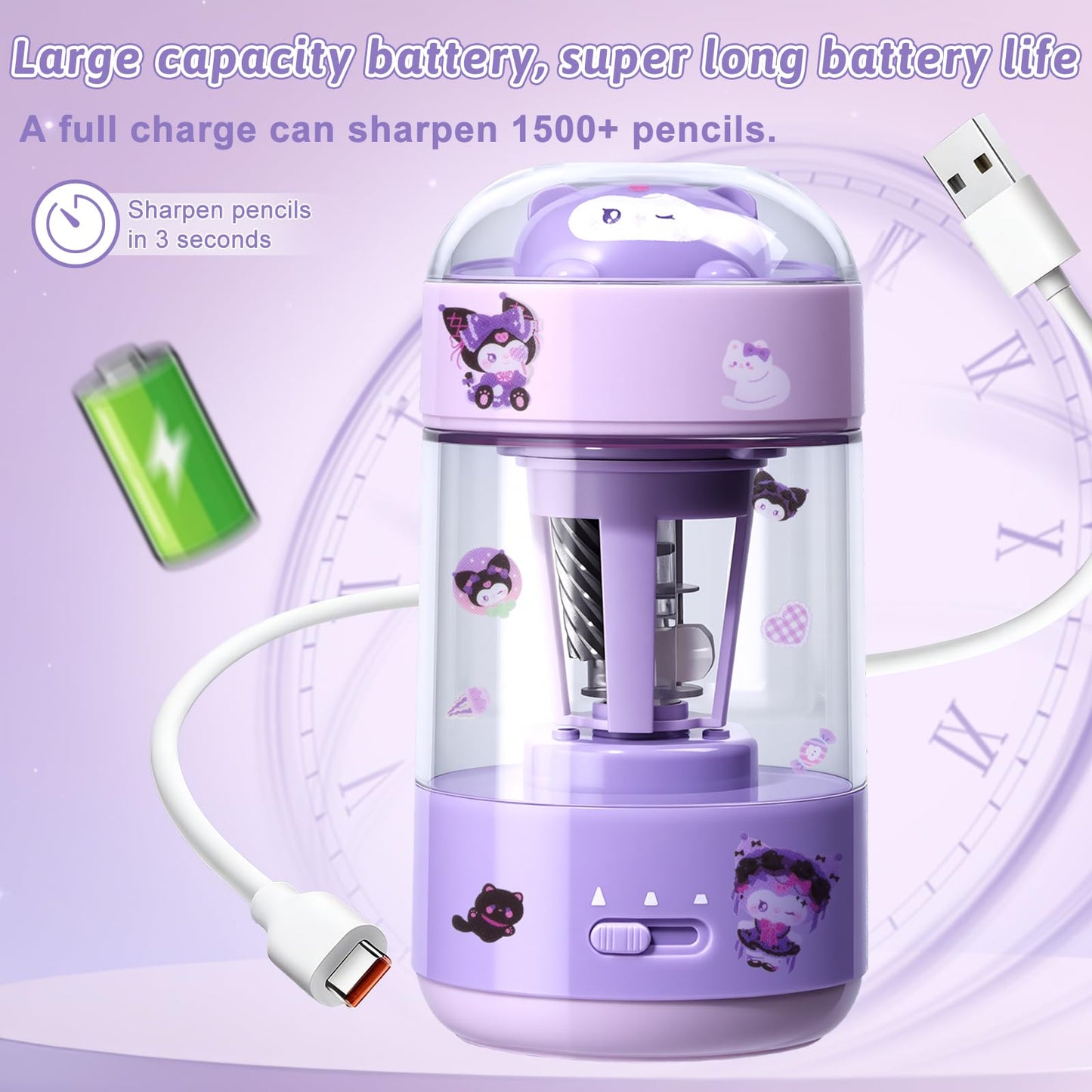 Rechargeable Automatic Electric Pencil Sharpener, Auto in & Out 3 Adjustable Thickness, Type-C Charging, Cute DIY Stickers, for 6-8mm Pencils, 3s Fast Sharpening, Ideal for School & Home (Purple)