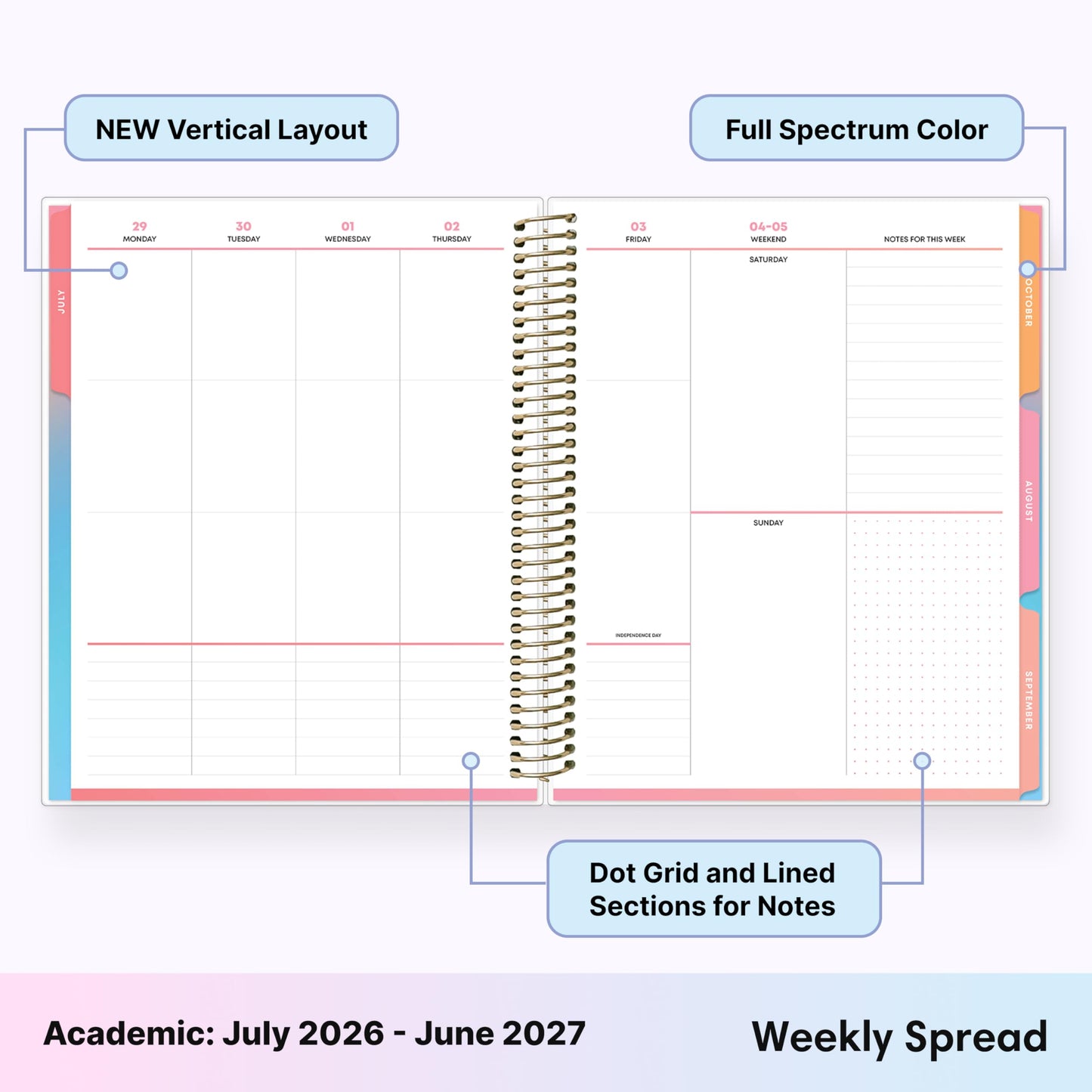 Blue Sky Livewell 2026-2027 Weekly and Monthly Academic Year Planner Calendar, July 2026 - June 2027, 7" x 9", Flexible Cover, Wirebound, Colorful Interior, Laminated Tabs, Storage Pocket, Includes Stickers, Rainbow