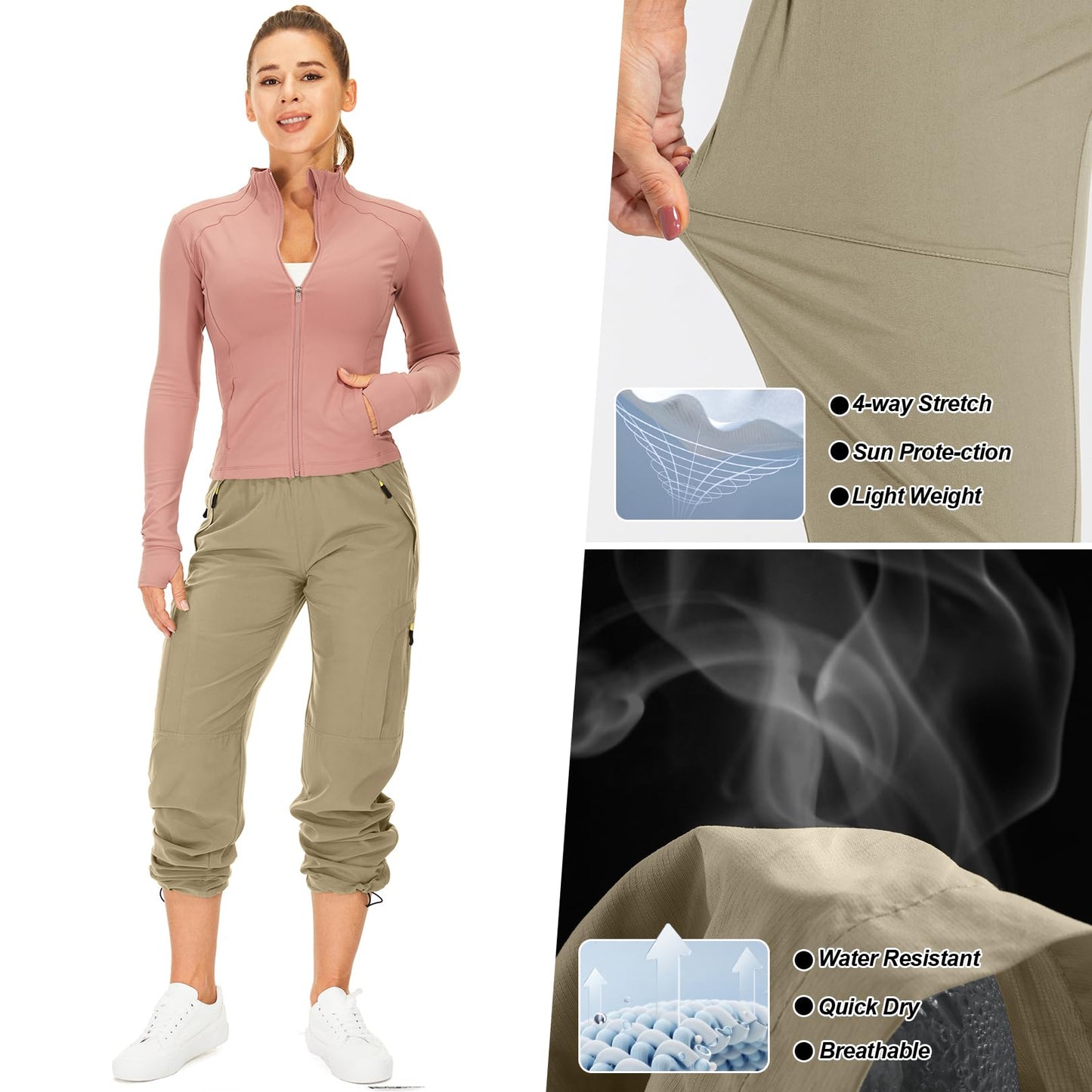 Womens Hiking Pants Quick Dry UPF 50 Lightweight Travel Golf Cargo Safari Pants Zipper Pockets,6608,Khaki,Petite L