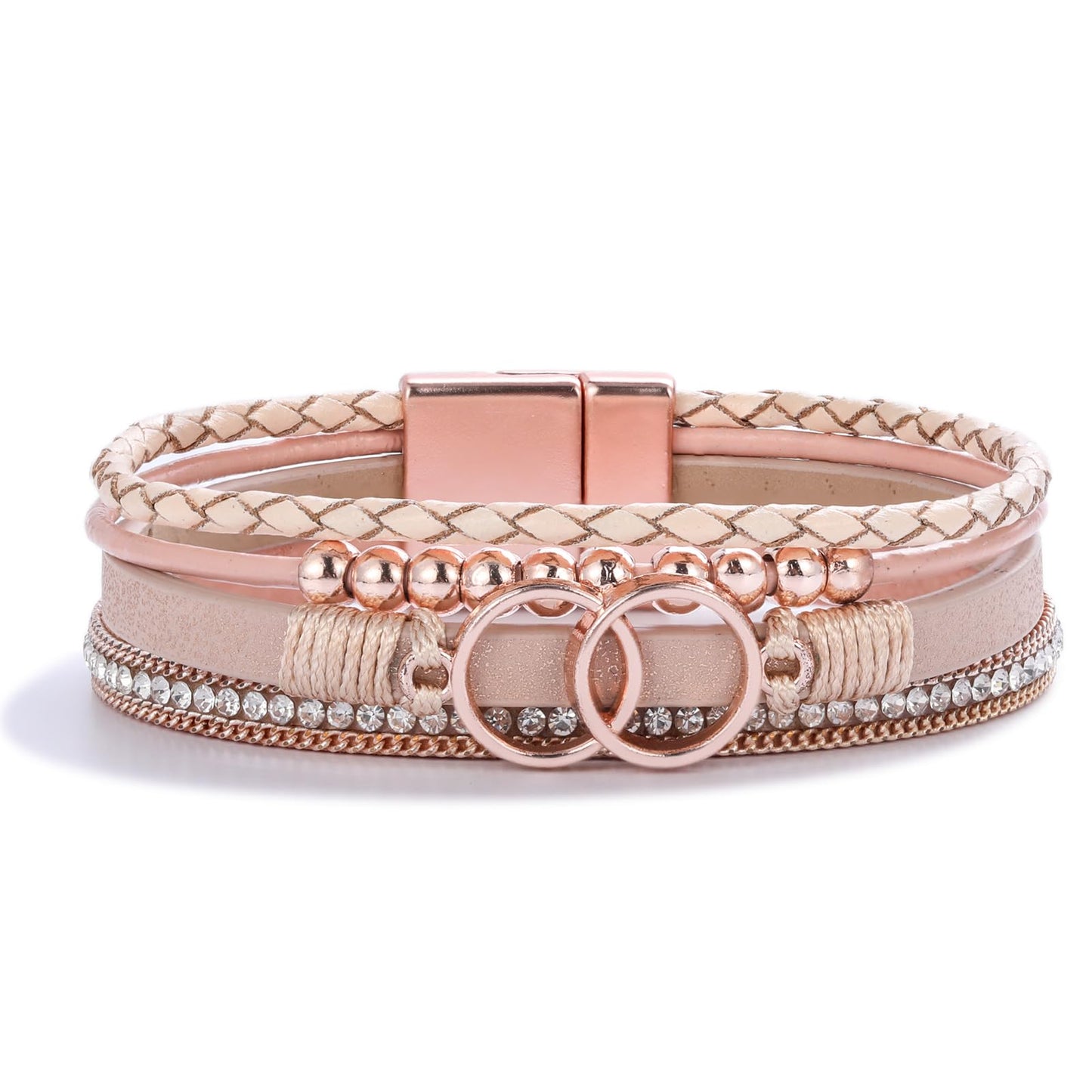 FANCY SHINY Boho Leather Wrap Bracelet Stackable Beaded Infinity Chunky Cuff Bracelets with Magnetic Clasp Western Hippie Outfits Jewelry Gifts for Women(Rose Gold)