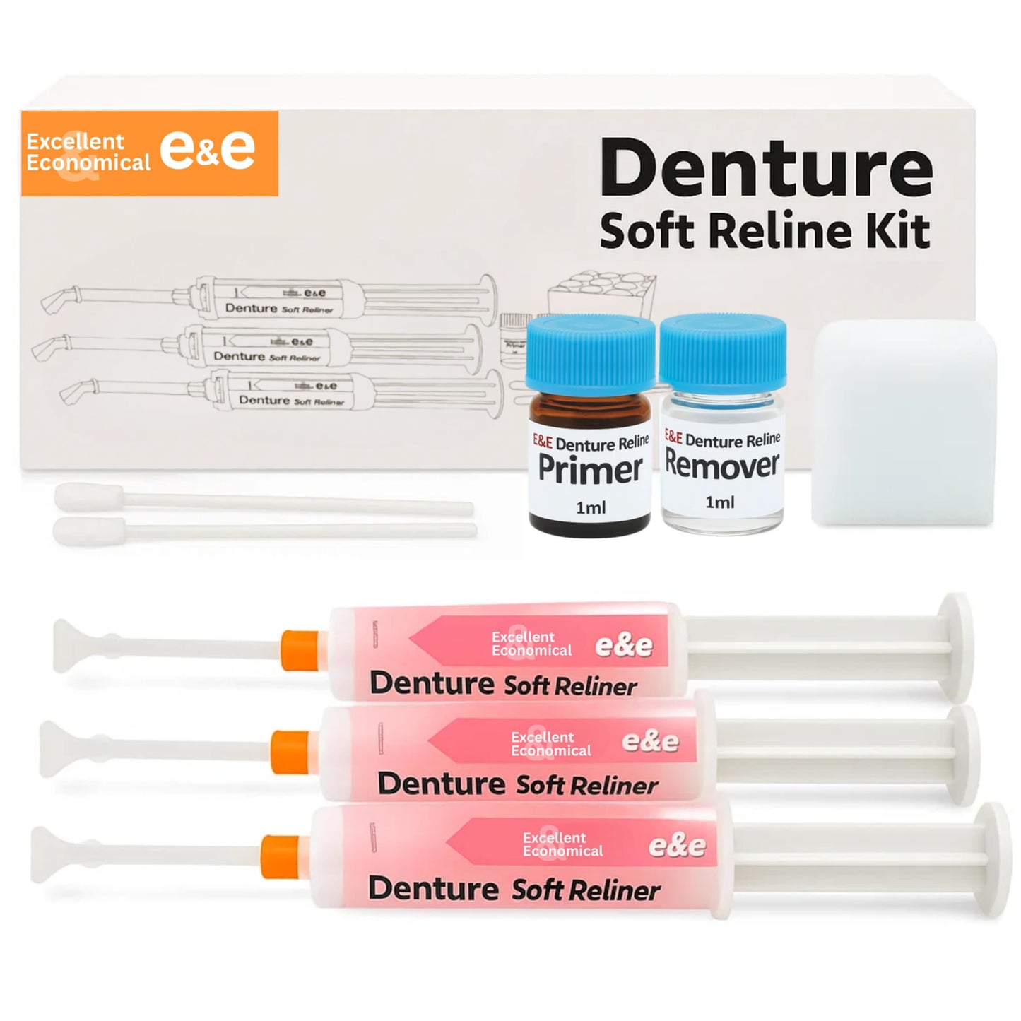 E&E Fast Set Pro Denture Soft Reline Kit – 1-Minute Working Time, 2-Minute Setting Time, Long-Lasting Silicone Reliner for Loose Upper & Lower Dentures
