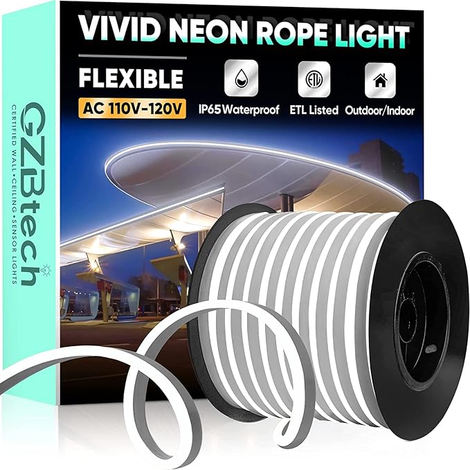 GZBtech Flexible LED Neon Rope Lights 100FT,AC 110-120V Waterproof Strip Light, 120 LEDs/M Cuttable Connectable Neon Lighting for Indoor Outdoor Home Decor/Commercial Use-Cold White 30M, ETL Listed