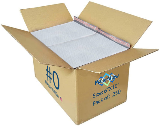 250 Pack USA Made Poly Bubble Mailers (#0) 6x10 Inches Shipping Padded Envelopes Self Seal Tape #0 (Usable size 6 x9)