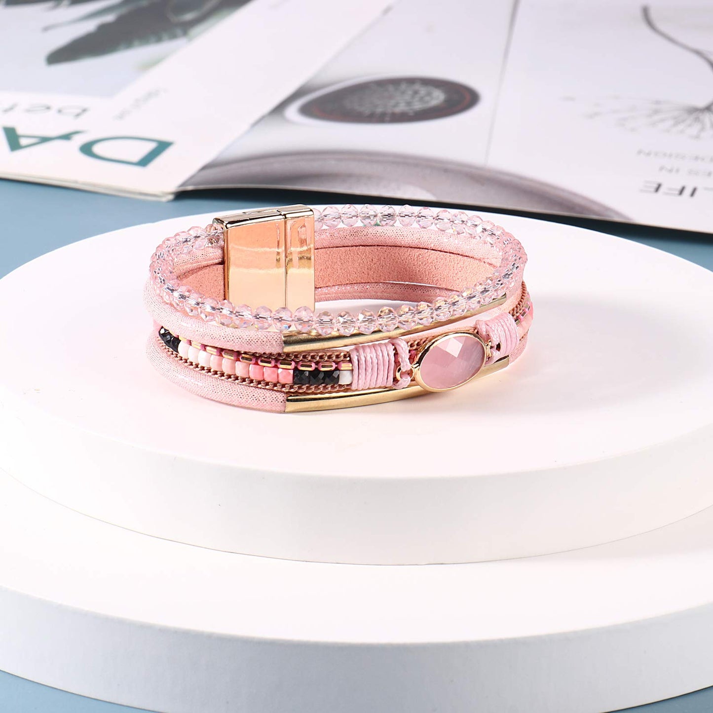 FANCY SHINY Leather Wrap Bracelets Crystal Beads Bracelet Boho Cuff Stone Charm Bracelets with Clasp Costume Jewelry for Women(Pink)