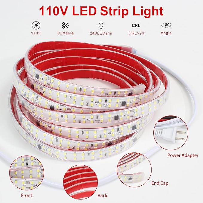 LED Rope Lights AC 110V LED Strip Lights Outdoor Waterproof 32.8ft 240LEDs/m 4000K White Lightings IP65 Cuttable Tape Lights for Indoor Closet Kitchen Cabinet Lights