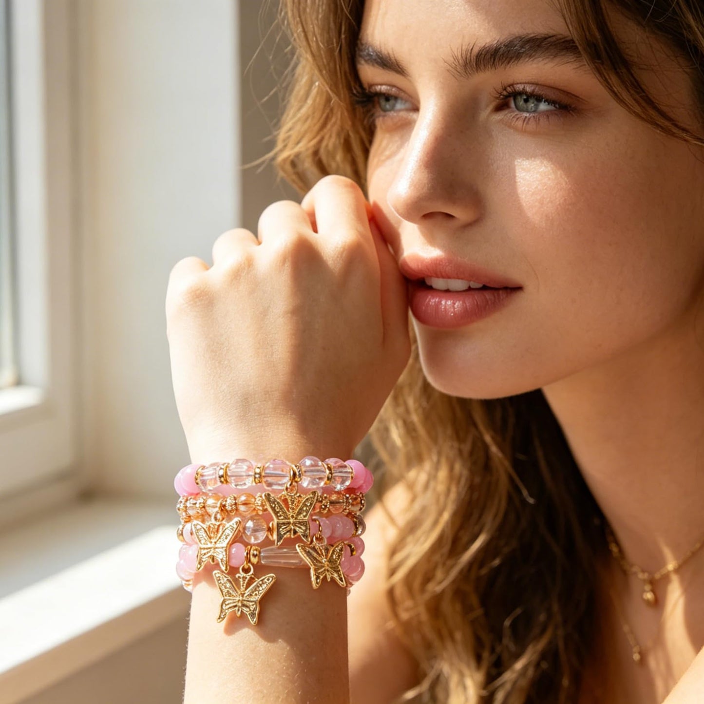 Briutn Butterfly Charm Stackable Beaded Bracelet Set Bohimian Pink Layered Stretch Bracelets Gifts for Women Boho Jewelry