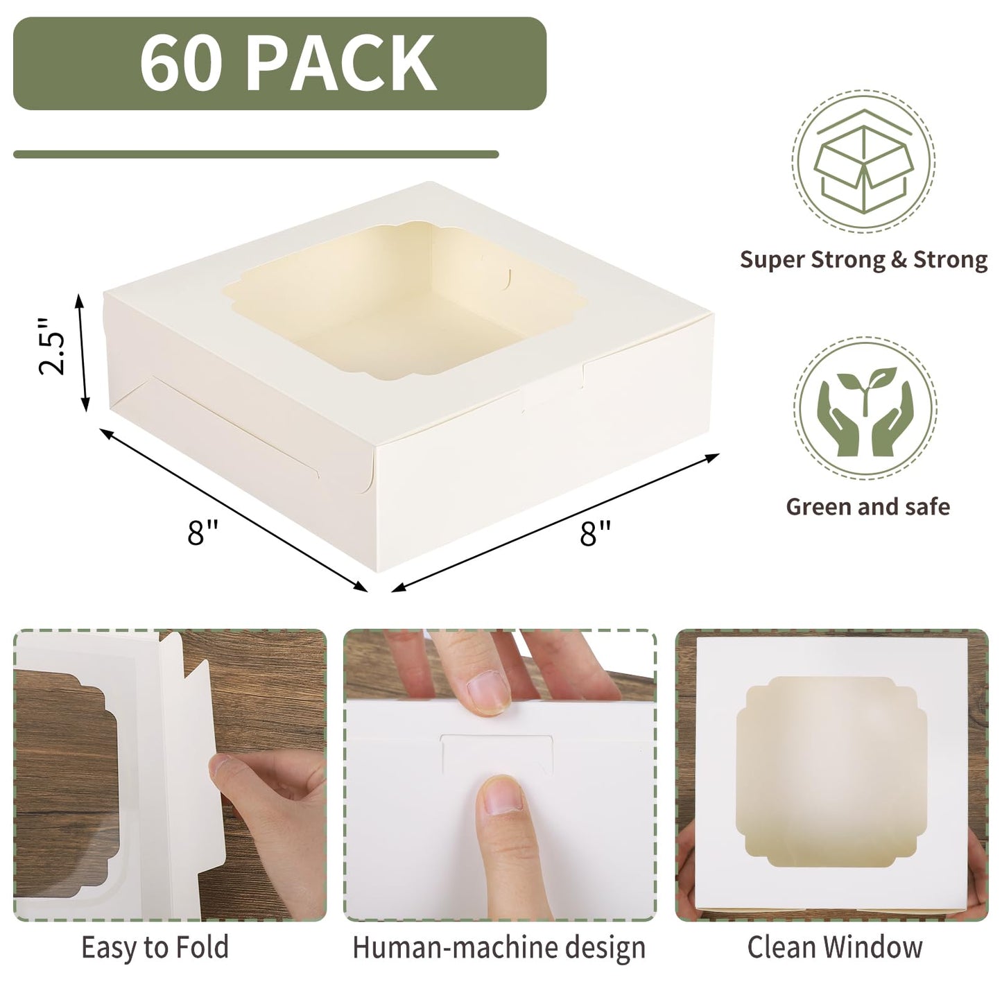 TOMNK 60pcs Cookie Boxes, 8x8x2.5 Inches Bakery Boxes with 2 Style Windows for Chocolate Strawberries, Pie, Pastry, Dessert, Cake, Birthday Party, Mother's Day, Weddings