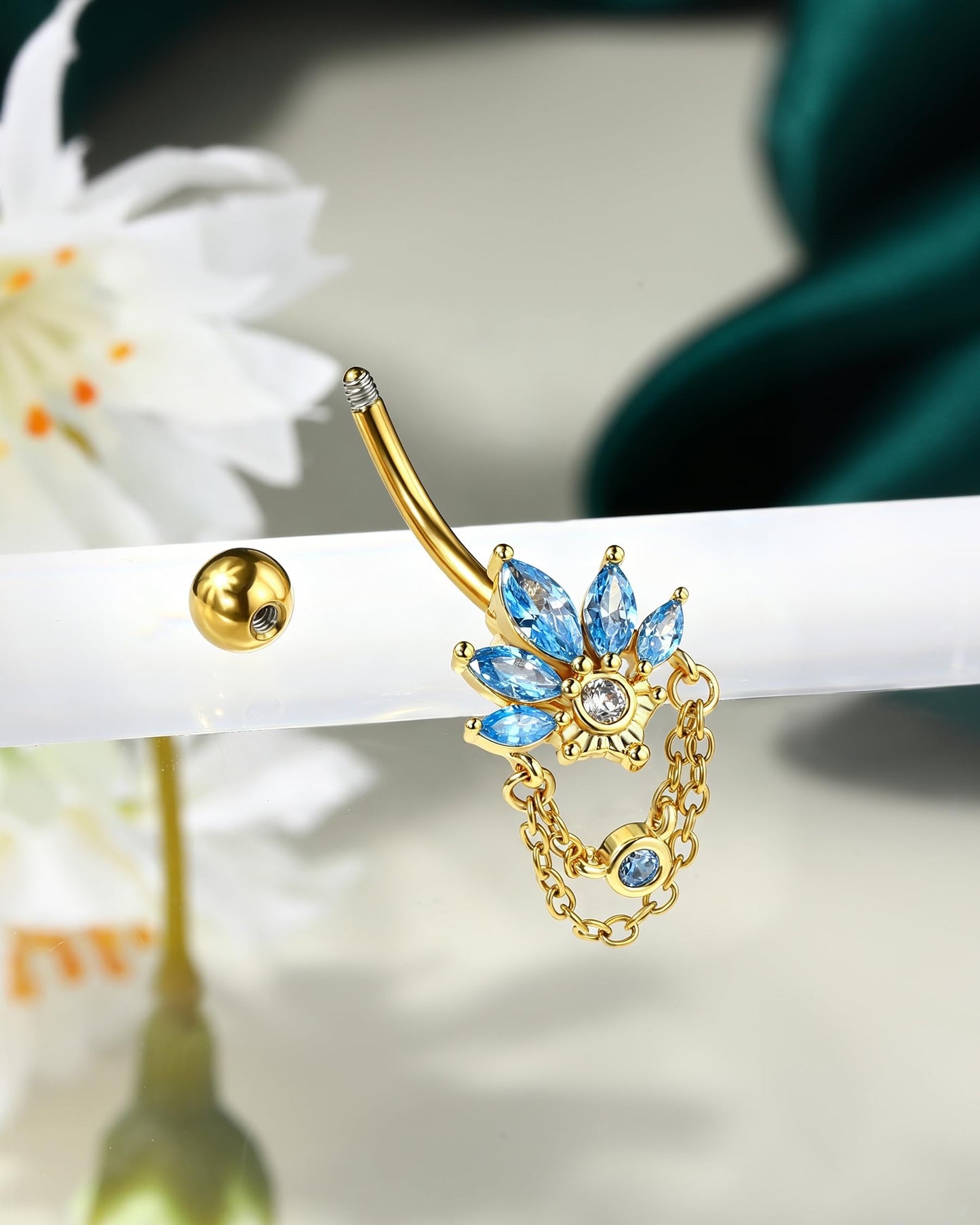 COCHARM Blue Lotus Belly Button Rings, 14G 5A CZ Navel Rings for Women, Dangle Belly Navel Piercing Jewelry Stainless Steel