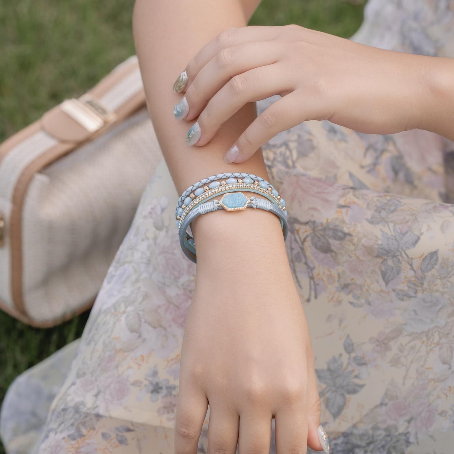 FANCY SHINY Crystal Beaded Leather Wrap Bracelet Stackable Boho Jewelry for Women Trendy Braided Resin Stone Bangle Cuff with Magnetic Clasp(Teal)