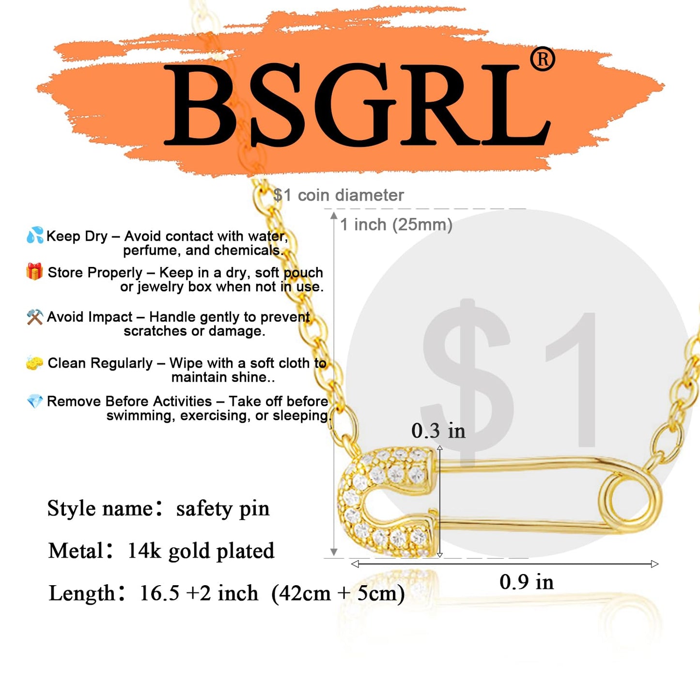 BSGRL Gold Necklace: 14K Gold Plated Dainty Safety Pin Necklace for Women Paved Cubic Zirconia 16.5”+2” in