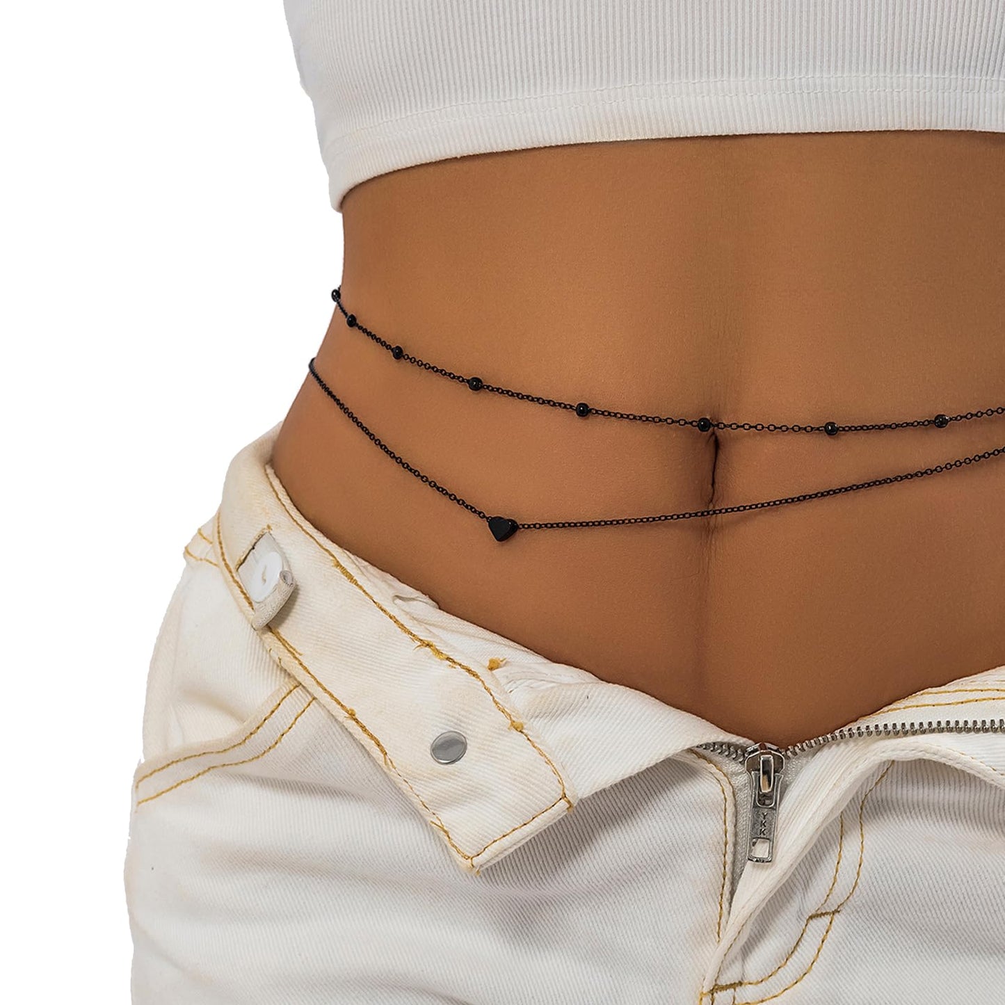 Simple Double-Layer Metal Bead Waist Chain Sexy Crystal Bikini Bead Belly Body Chain Summer Beach Waist Body Accessories Jewelry for Women (Black)