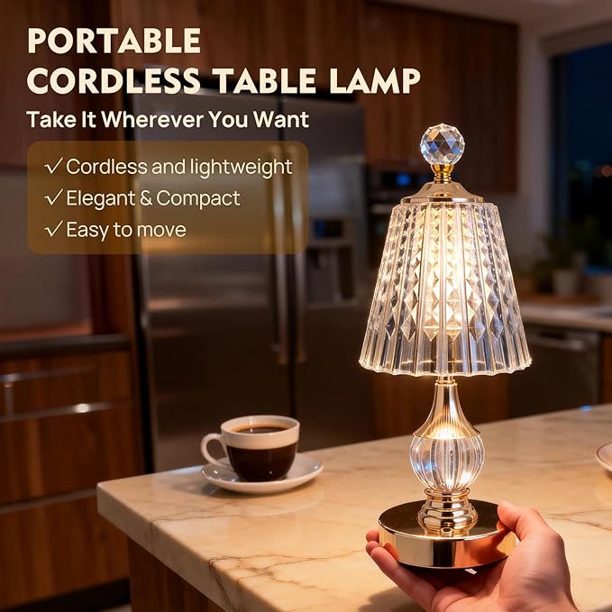 Vintage Gold Crystal Rechargeable Lamp Cordless, LED Touch Battery Operated Table Lamp, 3 Colors Dimmable Portable, Modern Home Decor, Bedroom, Bedside, Living Room, Kitchen, Diamond