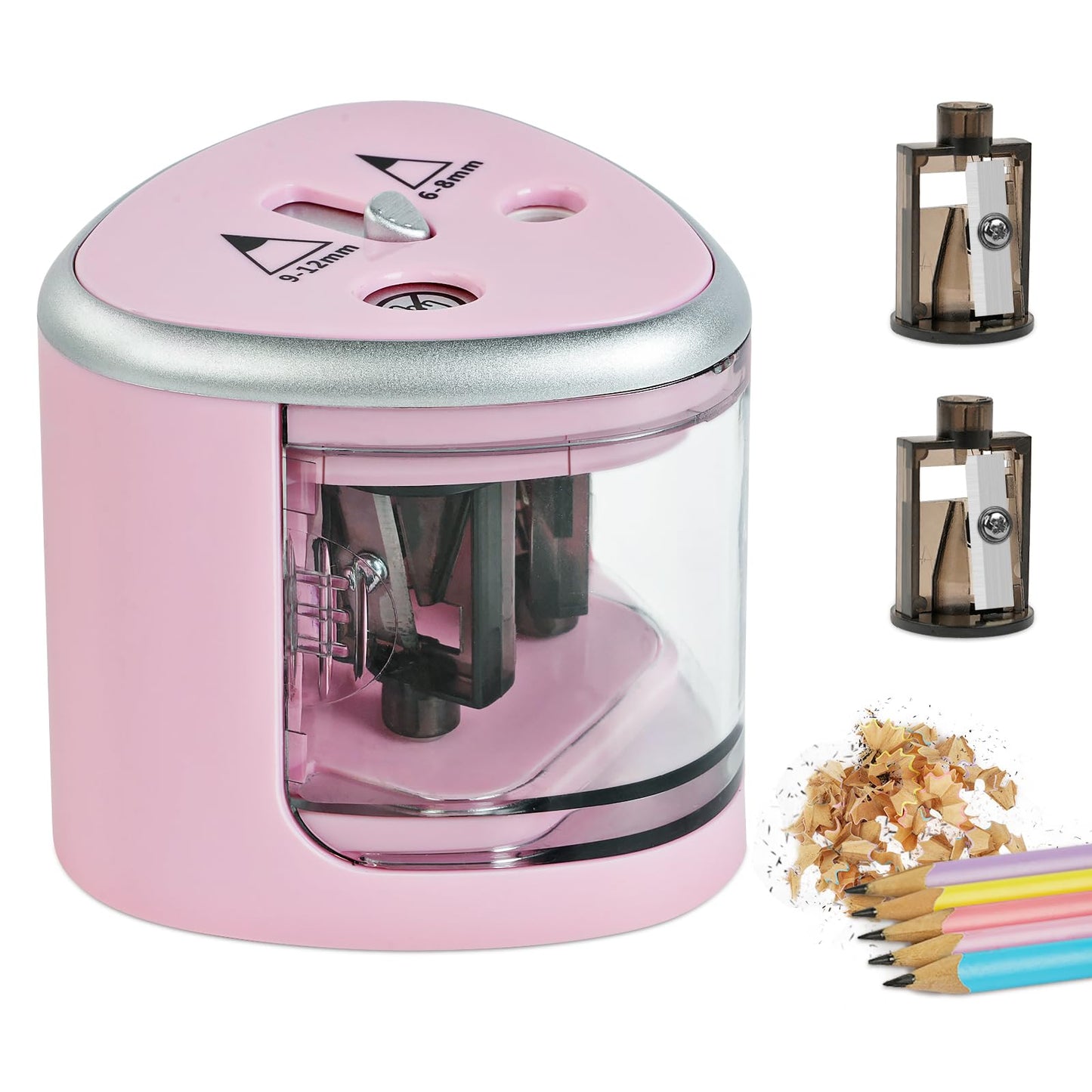 AUAUY Electric Pencil Sharpener with Double Hole, Battery Operated Automatic Sharpener with 2 Extra Knife Holders, for 6-8mm/9-12mm Standard Pencils, Colored Pencils, and Skectch Pencils（Pink）