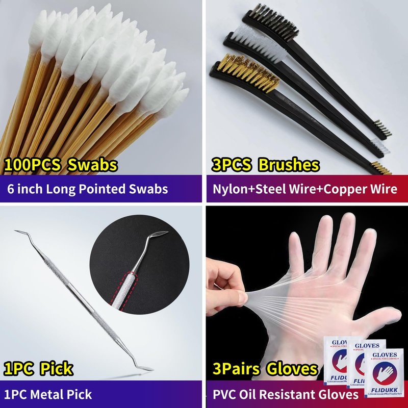 FLIDUKK 9mm Bore Cleaner+ 5oz CLP Oil (Needle+Spray) Gun Cleaning Kits,Gun Cleaning Supplies with Bore Cleaning Snake,Gun Cleaning Patches,6-inch Long Swabs,Gun Brushes,Metal Pick,Gun Cloth,Glove,Box