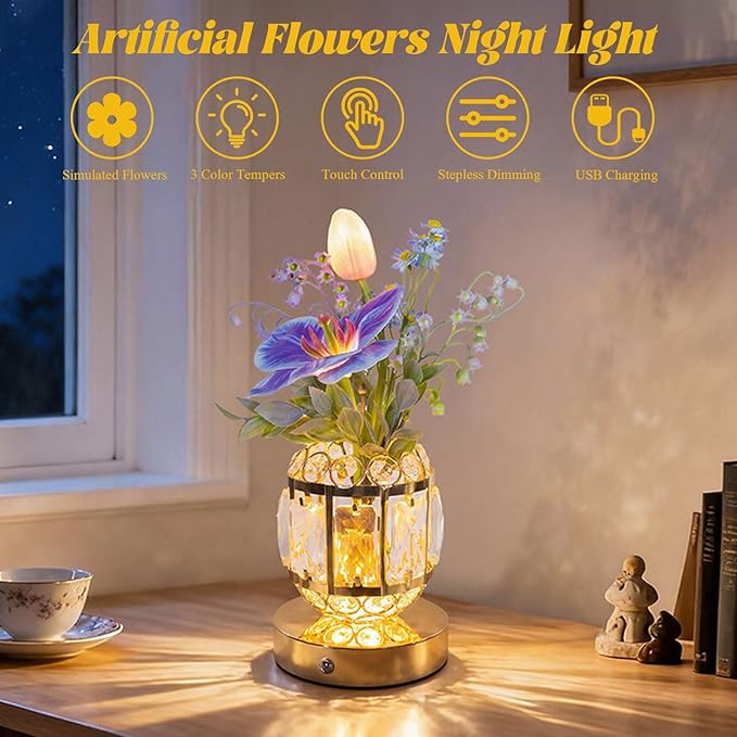Flower Crystal Table Lamp, 3-Color Dimmable Small Night Light, Rechargeable Cordless Touch Lamp, Artificial Flowers Light for Bedroom Home Decor, Great Gifts for Mom Women Friends (Purple)