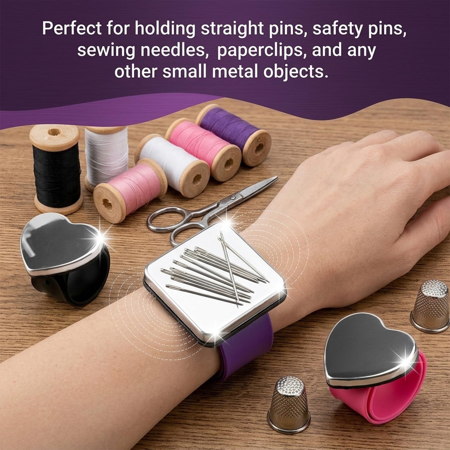Magnetic Pin Cushion Wristband 3-Pack, Adjustable Wrist Pin Holder with Strong Magnets, Hands-Free Wrist Pin Cushion for Sewing, Quilting, Bobby Pins & Hair Styling, Skin-Friendly Silicone Strap