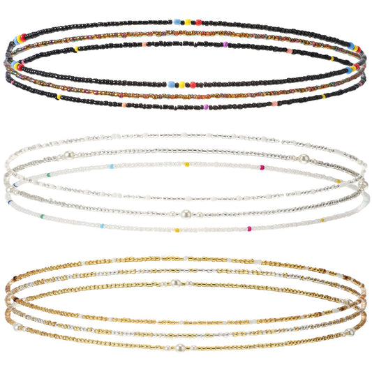 Kigeli 9 Pack Waist Bead Chains for Women Stretchy African Belly Chain Stomach Beads Body Bikini Jewelry (Clear, Black, Gold)