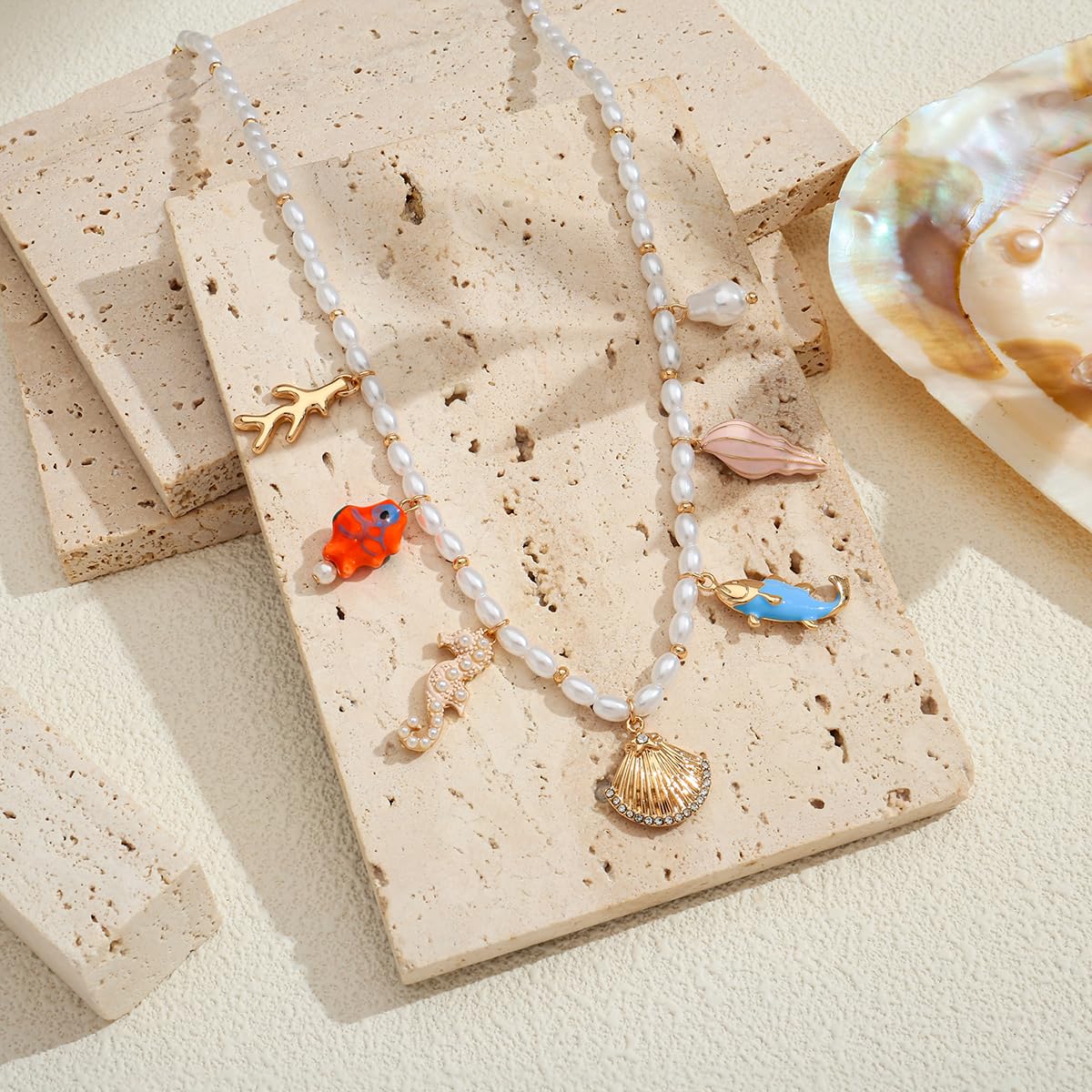 CLASSYZINT Adjustable Simulated Pearl Necklace with 7 Ocean Charms Sea-Themed Jewelry Valentine's Day Jewelry Everyday & Party Necklace