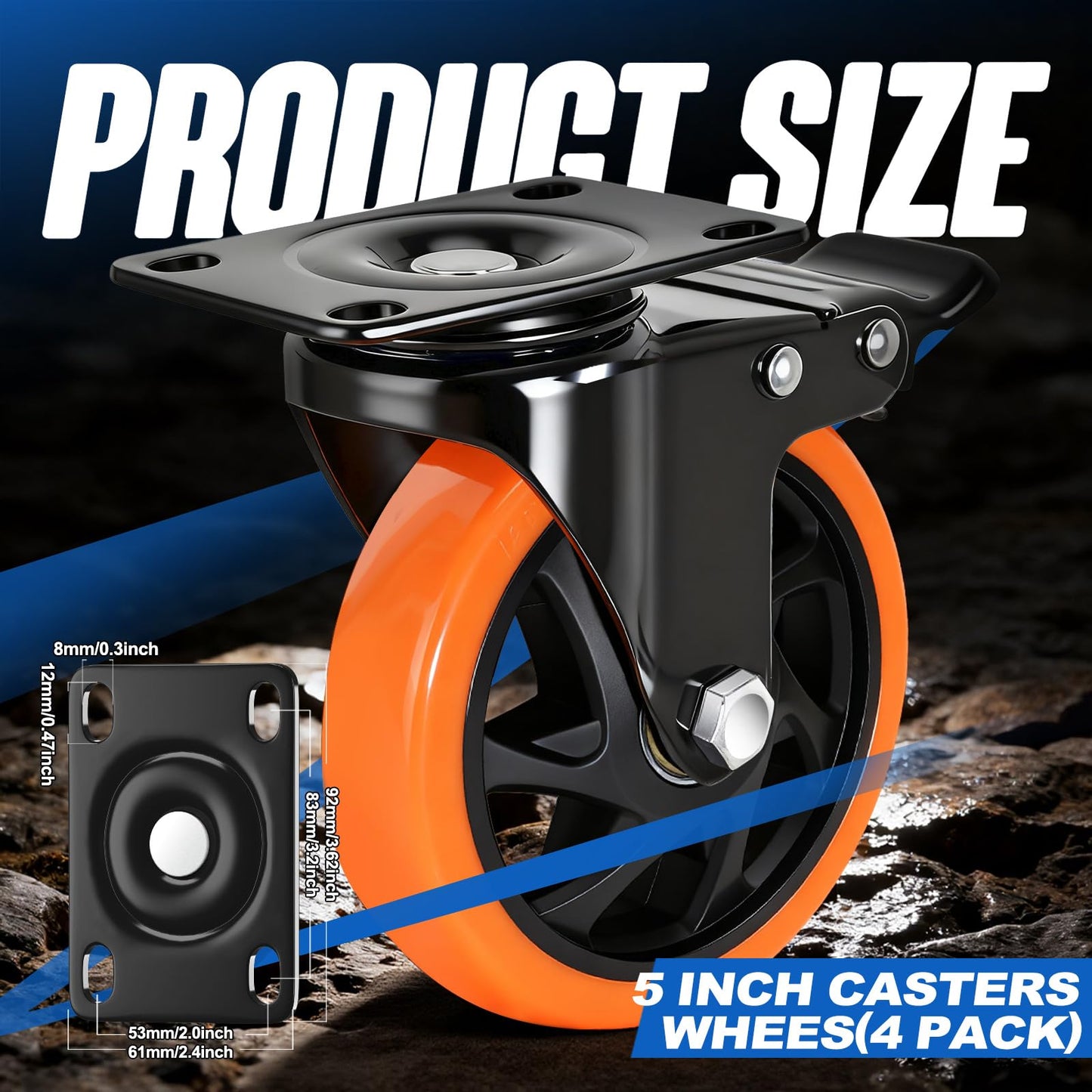 Caster Wheels 5"，Heavy Duty Caster Wheels Set of 4, Dual Lock PU Casters, Industrial Swivel Casters for Workbench, Furniture & Tool Cart – Smooth, Silent & Durable