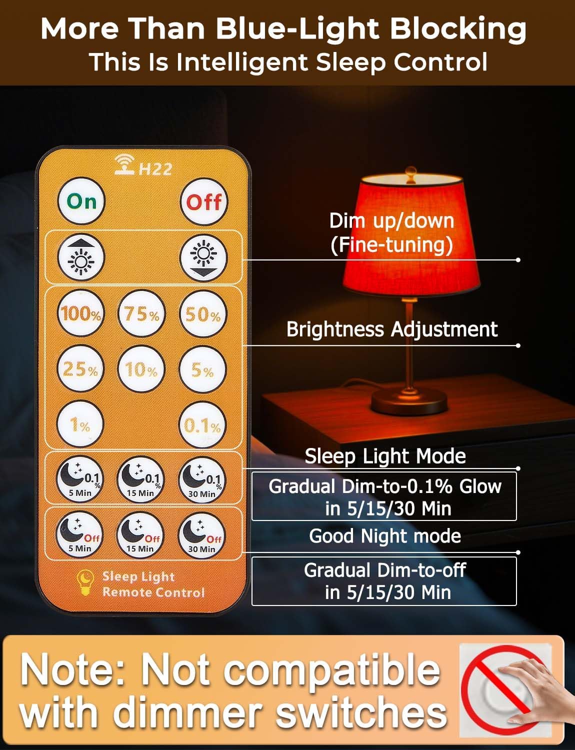 Wivety Amber Sleep Light Bulbs 1600K with Remote Control, E26 Blue Light Blocking A19, 9W for Sleep Therapy, Baby Nursery, Bedroom (4 Packs)