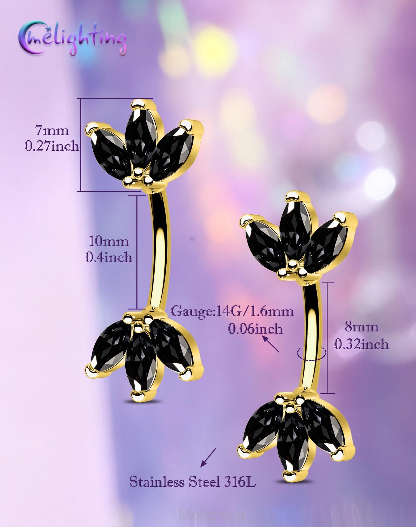 Melighting 14G Gold Lotus Belly Button Ring, Black CZ Navel Ring 316L Surgical Stainless Steel Marquise 5A CZ Belly Bar 8 mm