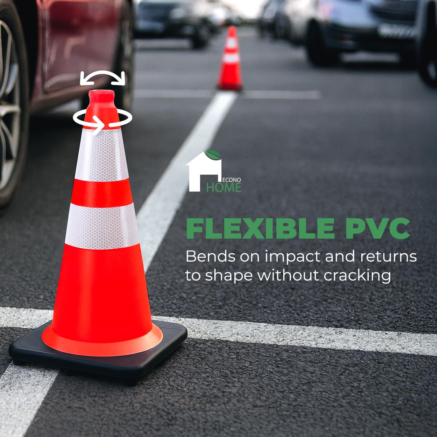 EconoHome 28-Inch Tall, 8-Pack Reflective Traffic Cones - 5.3 lbs Weighted Orange Safety Cones for Parking Lot, Traffic Control, Construction, Road Safety - Heavy Duty Square Base, Flexible PVC